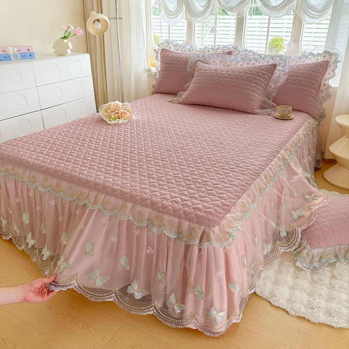 91家纺网 家纺一手货源 找家纺 罗艺轩 2025新款全棉纯棉斜纹花边单床裙床裙单件单品床裙 蓝蝴蝶-豆沙