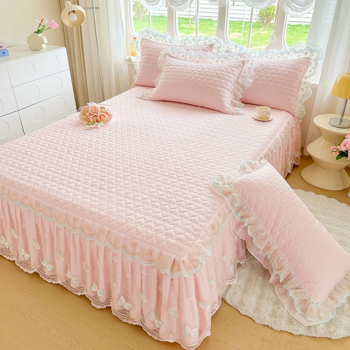 91家纺网 家纺一手货源 找家纺 罗艺轩 2025新款全棉纯棉斜纹花边单床裙床裙单件单品床裙 蓝蝴蝶-粉色