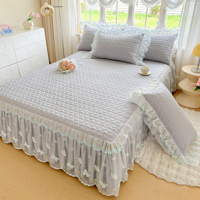 91家纺网 家纺一手货源 找家纺 罗艺轩 2025新款全棉纯棉斜纹花边单床裙床裙单件单品床裙 蓝蝴蝶-灰色