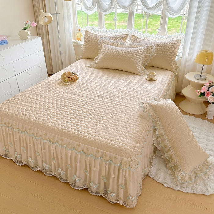 91家纺网 家纺一手货源 找家纺 罗艺轩 2025新款全棉纯棉斜纹花边单床裙床裙单件单品床裙 蓝蝴蝶-咖色