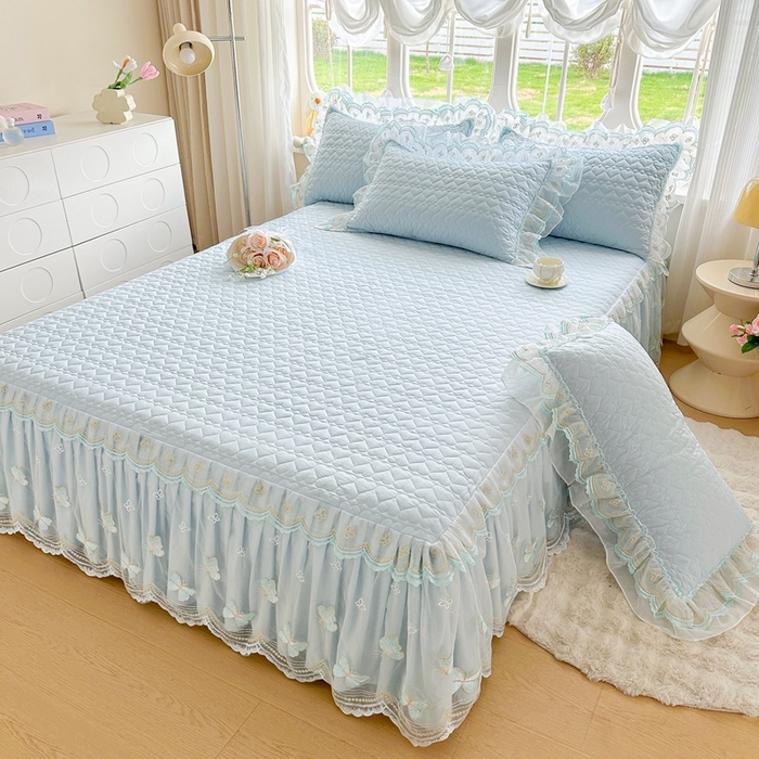 91家纺网 家纺一手货源 找家纺 罗艺轩 2025新款全棉纯棉斜纹花边单床裙床裙单件单品床裙 蓝蝴蝶-蓝色