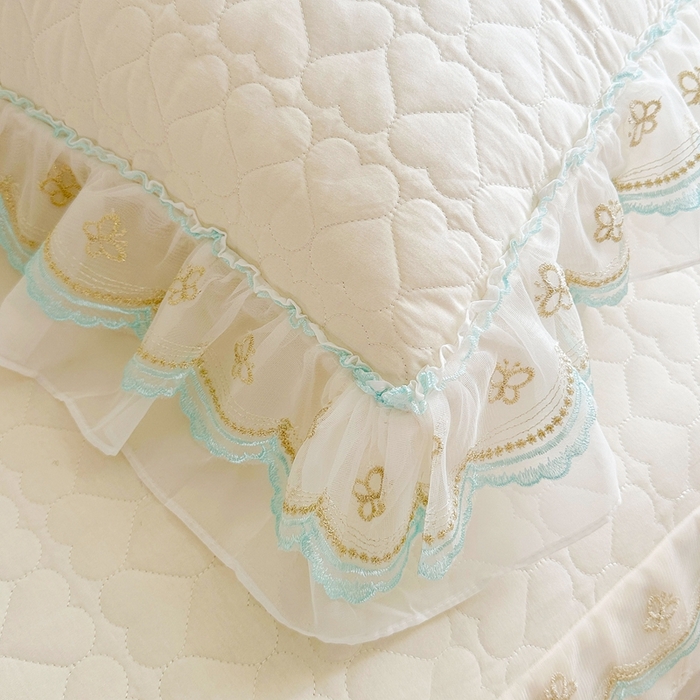 91家纺网 家纺一手货源 找家纺 罗艺轩 2025新款全棉纯棉斜纹花边单床裙床裙单件单品床裙 蓝蝴蝶-白色