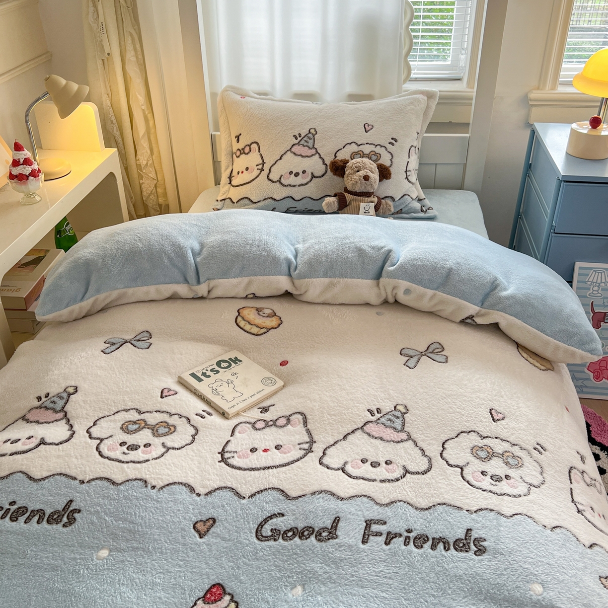 91家纺网 家纺一手货源 找家纺 川悦生活 2025新款雪花绒宿舍床笠款三件套 快乐派对