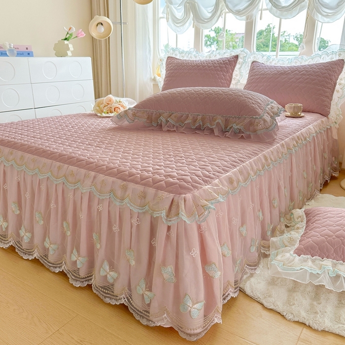 91家纺网 家纺一手货源 找家纺 罗艺轩 2025新款全棉纯棉斜纹花边单床裙床裙单件单品床裙 蓝蝴蝶-豆沙