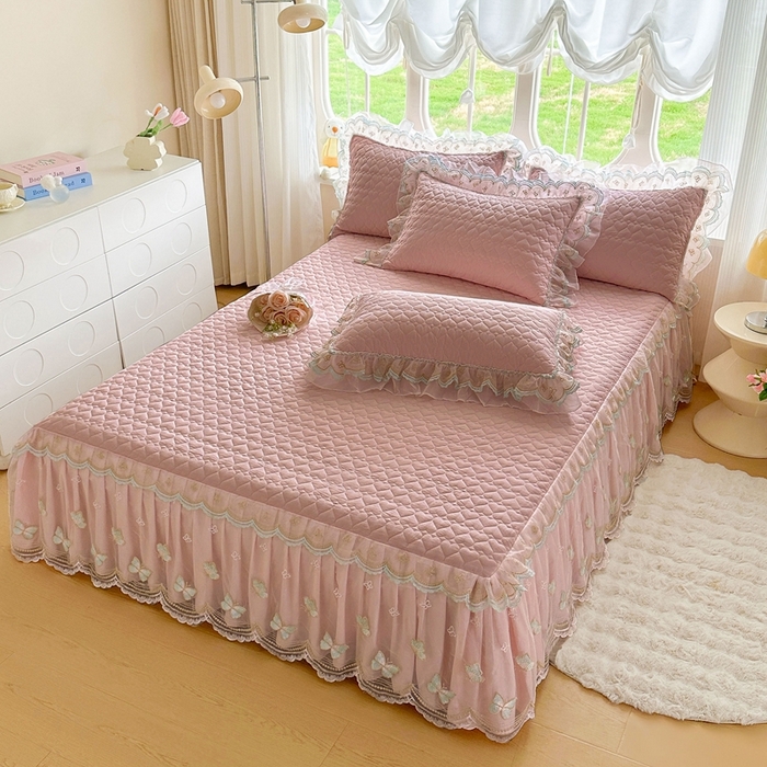 91家纺网 家纺一手货源 找家纺 罗艺轩 2025新款全棉纯棉斜纹花边单床裙床裙单件单品床裙 蓝蝴蝶-豆沙