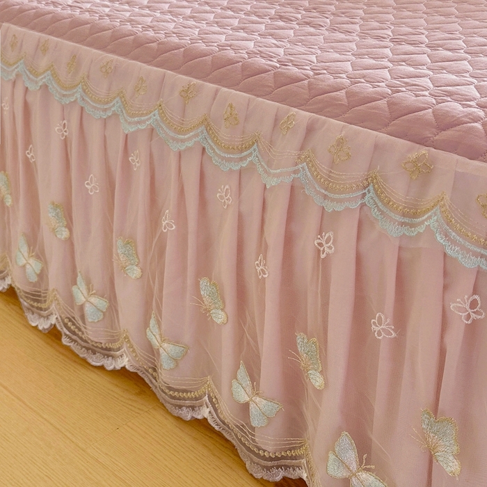 91家纺网 家纺一手货源 找家纺 罗艺轩 2025新款全棉纯棉斜纹花边单床裙床裙单件单品床裙 蓝蝴蝶-豆沙