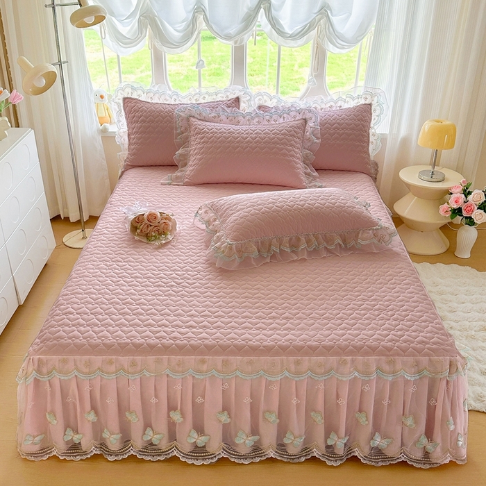 91家纺网 家纺一手货源 找家纺 罗艺轩 2025新款全棉纯棉斜纹花边单床裙床裙单件单品床裙 蓝蝴蝶-豆沙