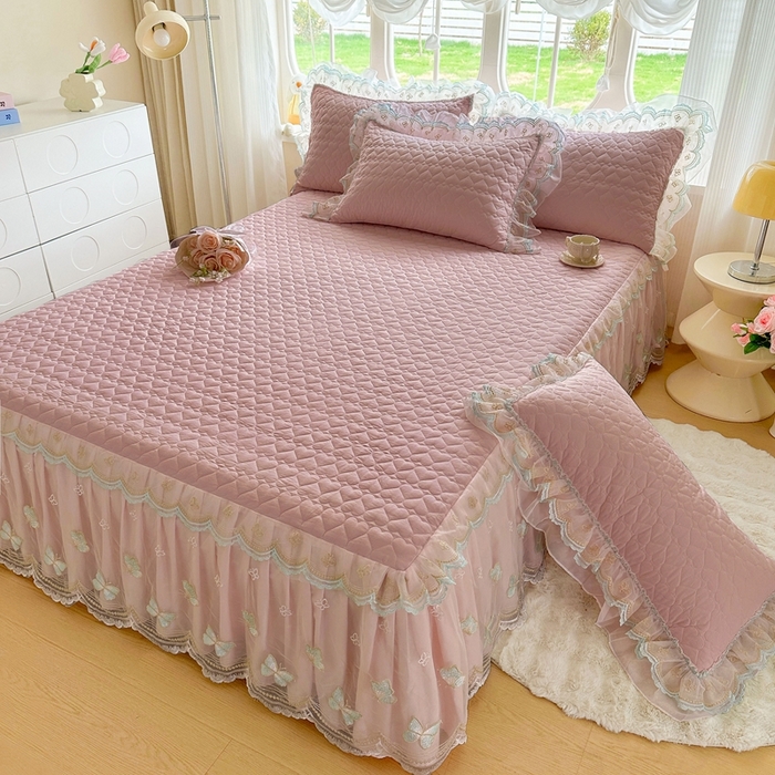 91家纺网 家纺一手货源 找家纺 罗艺轩 2025新款全棉纯棉斜纹花边单床裙床裙单件单品床裙 蓝蝴蝶-豆沙