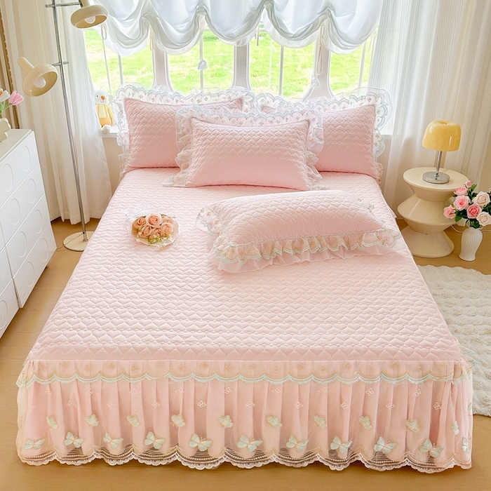 91家纺网 家纺一手货源 找家纺 罗艺轩 2025新款全棉纯棉斜纹花边单床裙床裙单件单品床裙 蓝蝴蝶-粉色