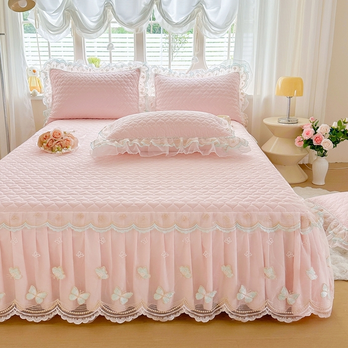 91家纺网 家纺一手货源 找家纺 罗艺轩 2025新款全棉纯棉斜纹花边单床裙床裙单件单品床裙 蓝蝴蝶-粉色