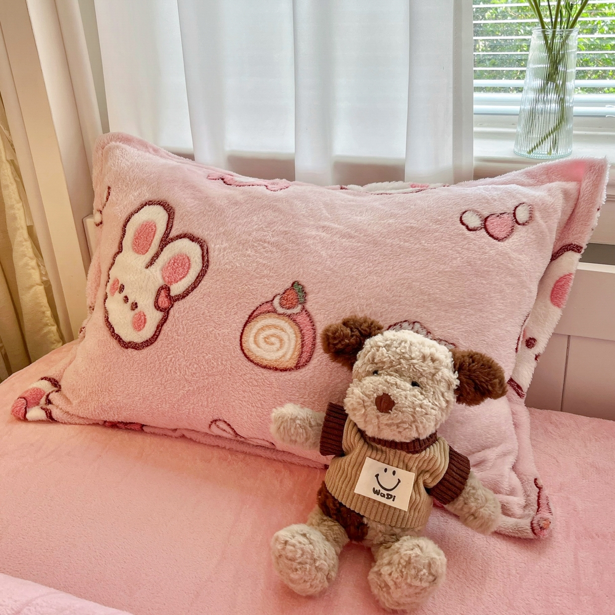 91家纺网 家纺一手货源 找家纺 川悦生活 2025新款雪花绒宿舍床笠款三件套 蜜语奶兔