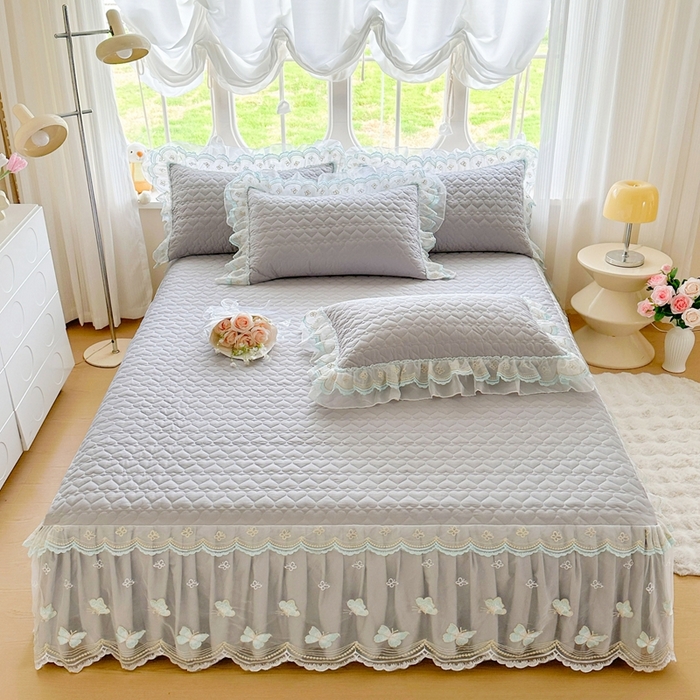 91家纺网 家纺一手货源 找家纺 罗艺轩 2025新款全棉纯棉斜纹花边单床裙床裙单件单品床裙 蓝蝴蝶-灰色