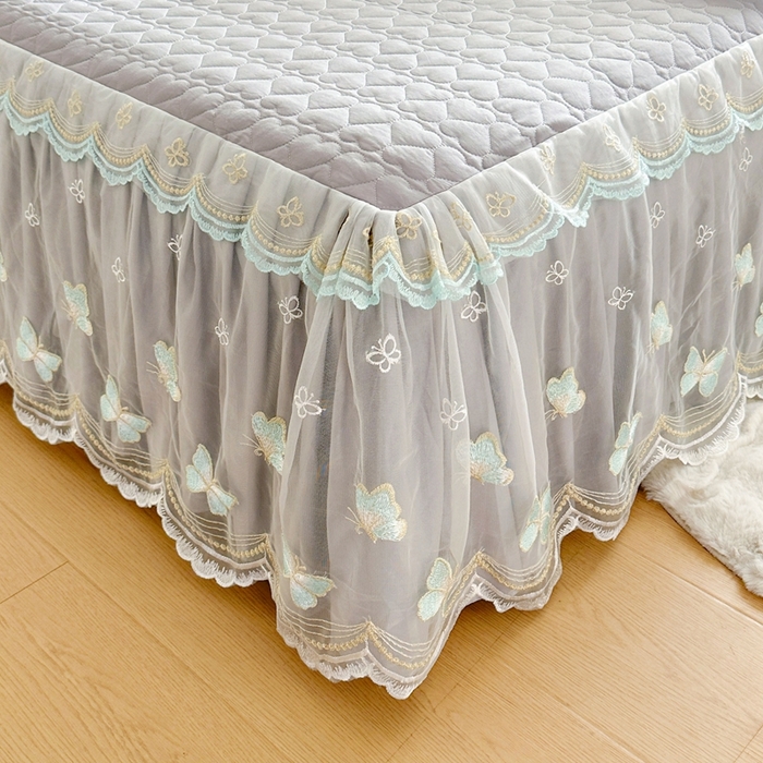 91家纺网 家纺一手货源 找家纺 罗艺轩 2025新款全棉纯棉斜纹花边单床裙床裙单件单品床裙 蓝蝴蝶-灰色