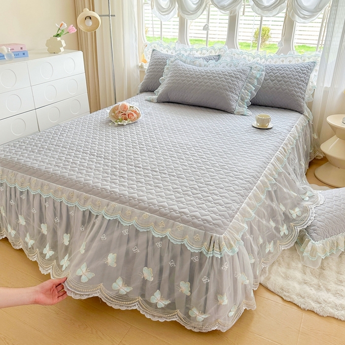 91家纺网 家纺一手货源 找家纺 罗艺轩 2025新款全棉纯棉斜纹花边单床裙床裙单件单品床裙 蓝蝴蝶-灰色