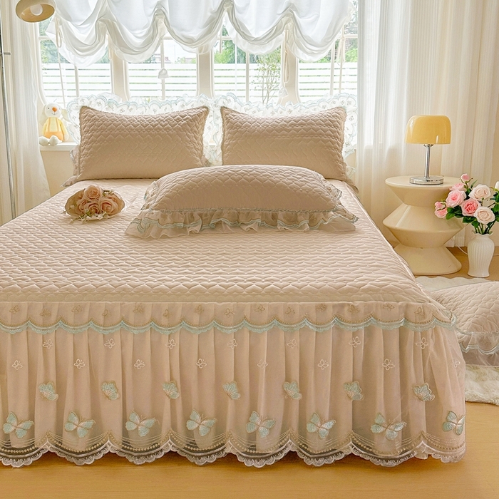 91家纺网 家纺一手货源 找家纺 罗艺轩 2025新款全棉纯棉斜纹花边单床裙床裙单件单品床裙 蓝蝴蝶-咖色