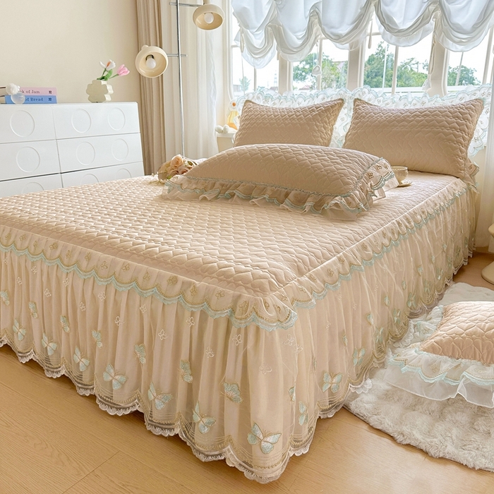 91家纺网 家纺一手货源 找家纺 罗艺轩 2025新款全棉纯棉斜纹花边单床裙床裙单件单品床裙 蓝蝴蝶-咖色