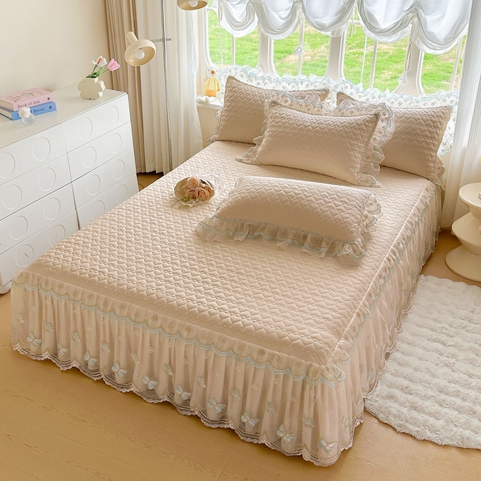 91家纺网 家纺一手货源 找家纺 罗艺轩 2025新款全棉纯棉斜纹花边单床裙床裙单件单品床裙 蓝蝴蝶-咖色