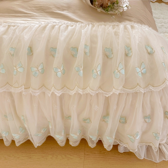 91家纺网 家纺一手货源 找家纺 罗艺轩 2025新款全棉纯棉斜纹花边单床裙床裙单件单品床裙 蓝蝴蝶-咖色