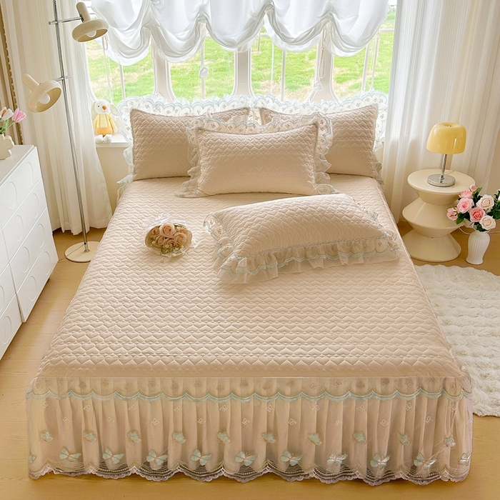 91家纺网 家纺一手货源 找家纺 罗艺轩 2025新款全棉纯棉斜纹花边单床裙床裙单件单品床裙 蓝蝴蝶-咖色