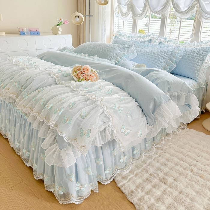 91家纺网 家纺一手货源 找家纺 罗艺轩 2025新款全棉纯棉斜纹花边单床裙床裙单件单品床裙 蓝蝴蝶-蓝色