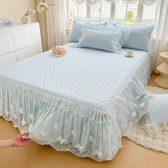 91家纺网 家纺一手货源 找家纺 罗艺轩 2025新款全棉纯棉斜纹花边单床裙床裙单件单品床裙 蓝蝴蝶-蓝色