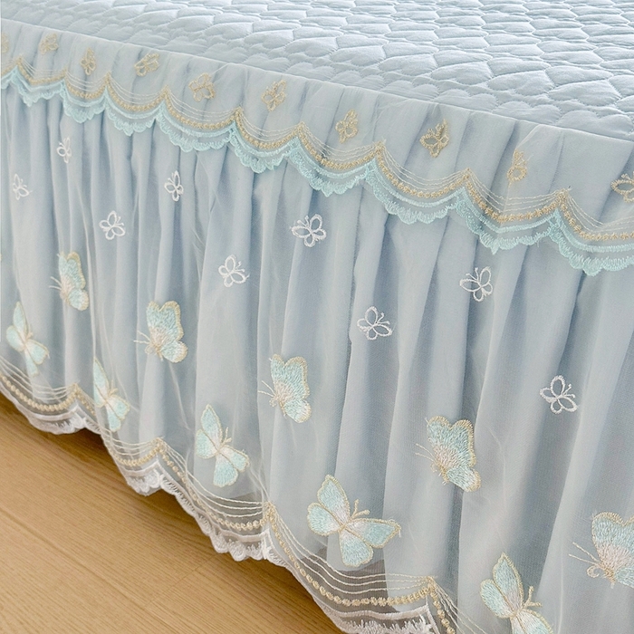 91家纺网 家纺一手货源 找家纺 罗艺轩 2025新款全棉纯棉斜纹花边单床裙床裙单件单品床裙 蓝蝴蝶-蓝色