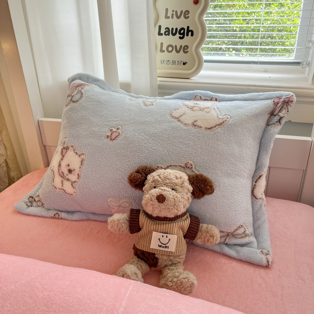 91家纺网 家纺一手货源 找家纺 川悦生活 2025新款雪花绒宿舍床笠款三件套 奶蓝小汪粉