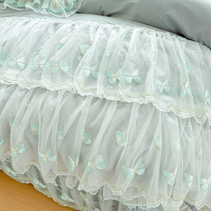 91家纺网 家纺一手货源 找家纺 罗艺轩 2025新款全棉纯棉斜纹花边单床裙床裙单件单品床裙 蓝蝴蝶-绿色