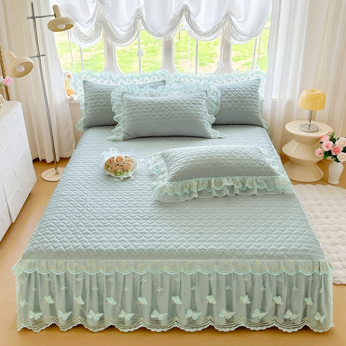 91家纺网 家纺一手货源 找家纺 罗艺轩 2025新款全棉纯棉斜纹花边单床裙床裙单件单品床裙 蓝蝴蝶-绿色