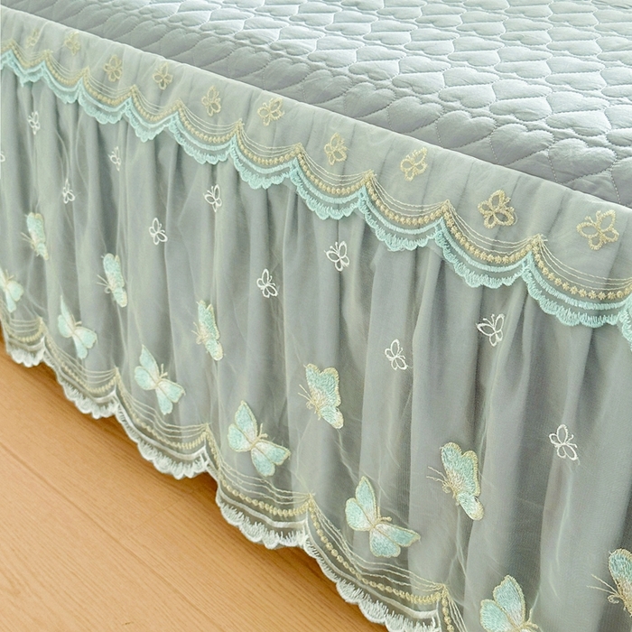 91家纺网 家纺一手货源 找家纺 罗艺轩 2025新款全棉纯棉斜纹花边单床裙床裙单件单品床裙 蓝蝴蝶-绿色