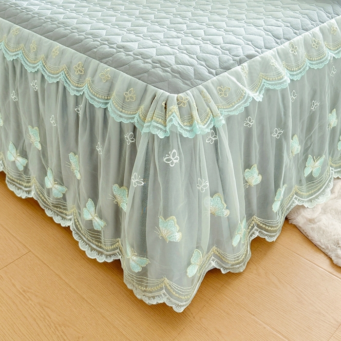 91家纺网 家纺一手货源 找家纺 罗艺轩 2025新款全棉纯棉斜纹花边单床裙床裙单件单品床裙 蓝蝴蝶-绿色