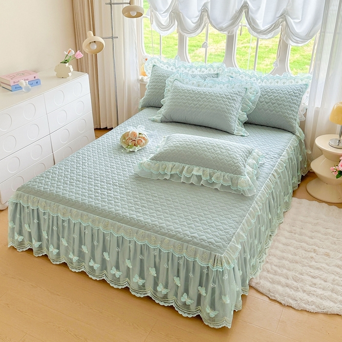 91家纺网 家纺一手货源 找家纺 罗艺轩 2025新款全棉纯棉斜纹花边单床裙床裙单件单品床裙 蓝蝴蝶-绿色