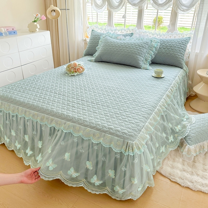 91家纺网 家纺一手货源 找家纺 罗艺轩 2025新款全棉纯棉斜纹花边单床裙床裙单件单品床裙 蓝蝴蝶-绿色