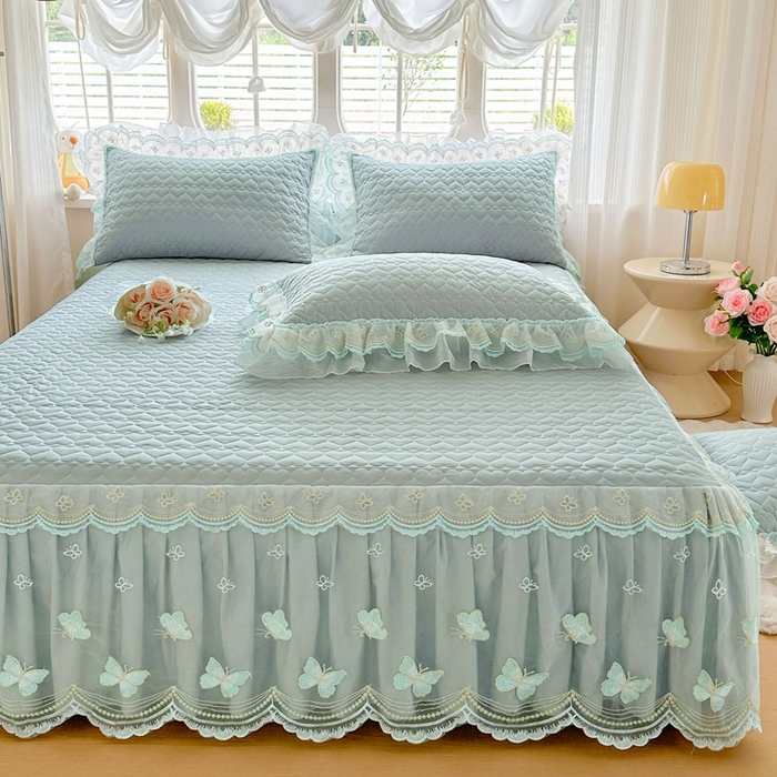 91家纺网 家纺一手货源 找家纺 罗艺轩 2025新款全棉纯棉斜纹花边单床裙床裙单件单品床裙 蓝蝴蝶-绿色