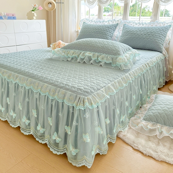 91家纺网 家纺一手货源 找家纺 罗艺轩 2025新款全棉纯棉斜纹花边单床裙床裙单件单品床裙 蓝蝴蝶-绿色