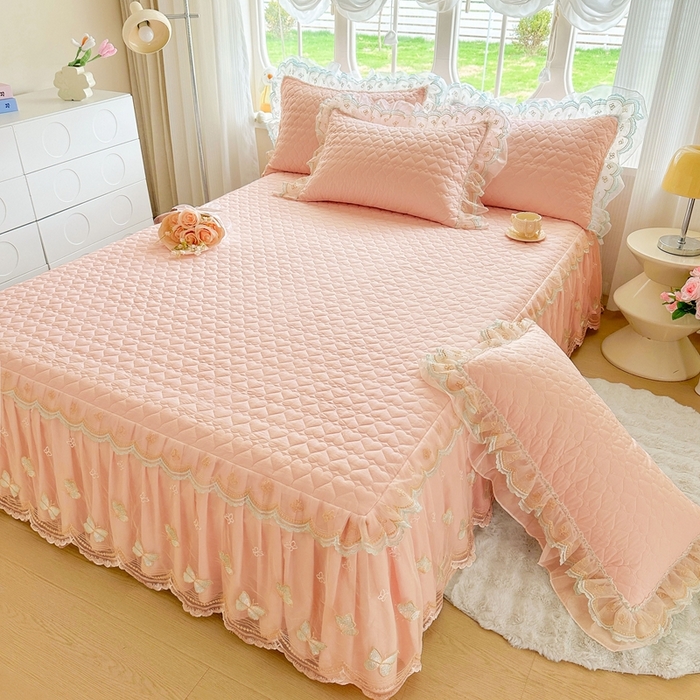 罗艺轩 2025新款全棉纯棉斜纹花边单床裙床裙单件单品床裙 蓝蝴蝶-玉色