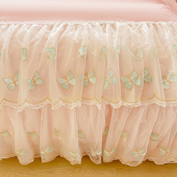 91家纺网 家纺一手货源 找家纺 罗艺轩 2025新款全棉纯棉斜纹花边单床裙床裙单件单品床裙 蓝蝴蝶-玉色