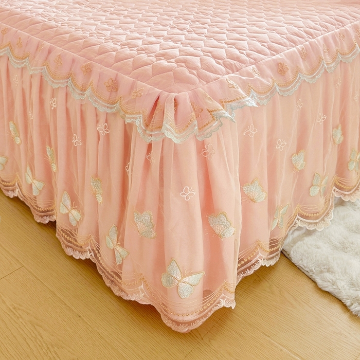 91家纺网 家纺一手货源 找家纺 罗艺轩 2025新款全棉纯棉斜纹花边单床裙床裙单件单品床裙 蓝蝴蝶-玉色