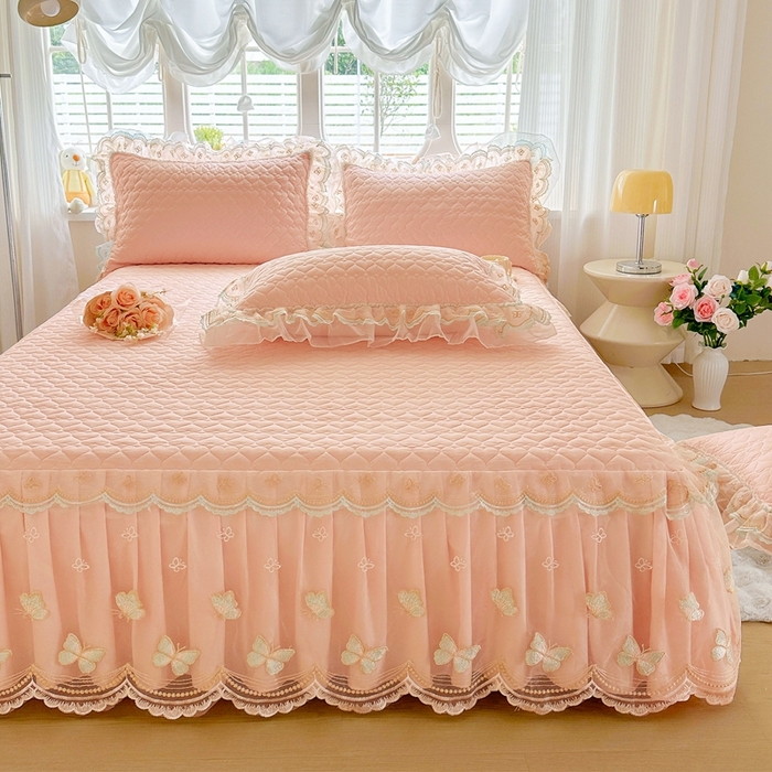 91家纺网 家纺一手货源 找家纺 罗艺轩 2025新款全棉纯棉斜纹花边单床裙床裙单件单品床裙 蓝蝴蝶-玉色