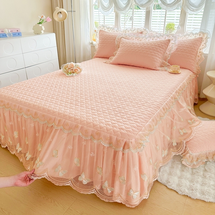 91家纺网 家纺一手货源 找家纺 罗艺轩 2025新款全棉纯棉斜纹花边单床裙床裙单件单品床裙 蓝蝴蝶-玉色