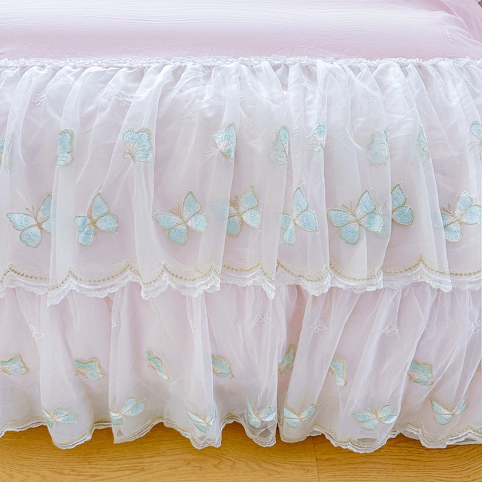 91家纺网 家纺一手货源 找家纺 罗艺轩 2025新款全棉纯棉斜纹花边单床裙床裙单件单品床裙 蓝蝴蝶-紫色