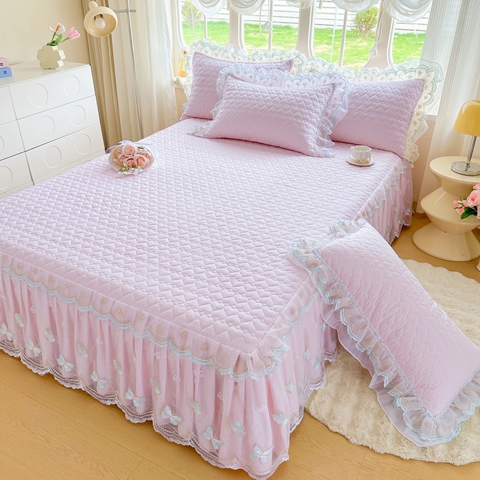 罗艺轩 2025新款全棉纯棉斜纹花边单床裙床裙单件单品床裙 蓝蝴蝶-紫色