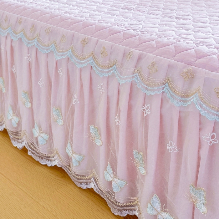 91家纺网 家纺一手货源 找家纺 罗艺轩 2025新款全棉纯棉斜纹花边单床裙床裙单件单品床裙 蓝蝴蝶-紫色