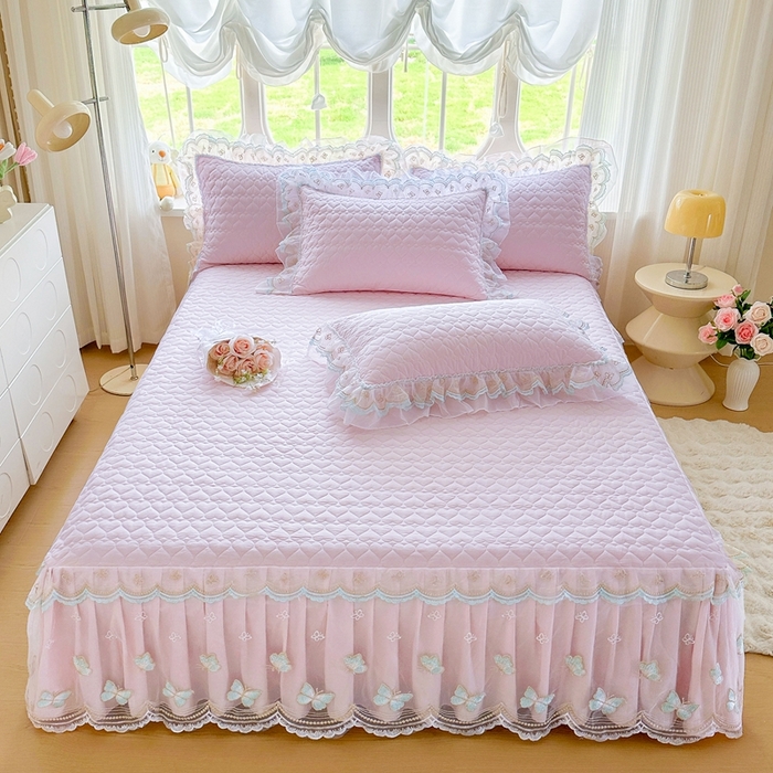 91家纺网 家纺一手货源 找家纺 罗艺轩 2025新款全棉纯棉斜纹花边单床裙床裙单件单品床裙 蓝蝴蝶-紫色