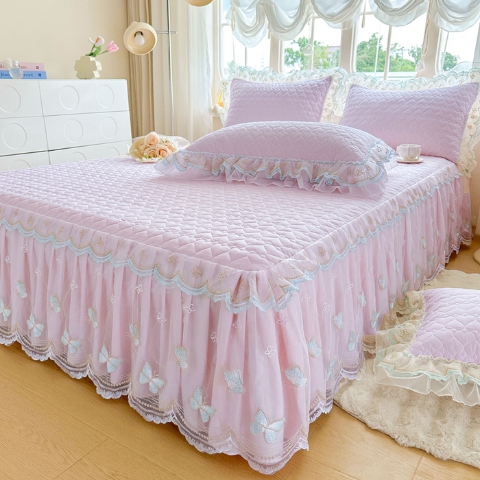 91家纺网 家纺一手货源 找家纺 罗艺轩 2025新款全棉纯棉斜纹花边单床裙床裙单件单品床裙 蓝蝴蝶-紫色