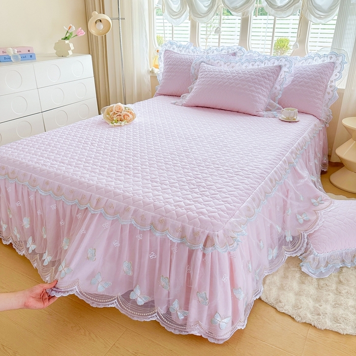 91家纺网 家纺一手货源 找家纺 罗艺轩 2025新款全棉纯棉斜纹花边单床裙床裙单件单品床裙 蓝蝴蝶-紫色