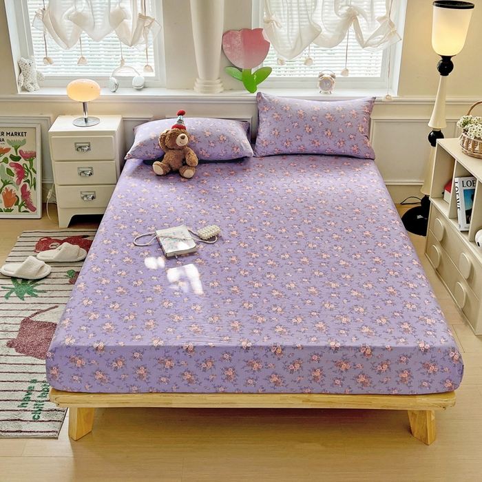 91家纺网 家纺一手货源 找家纺 （总）2025新款母婴级ins小清新双层纱印花床笠床垫保护罩枕套三件套