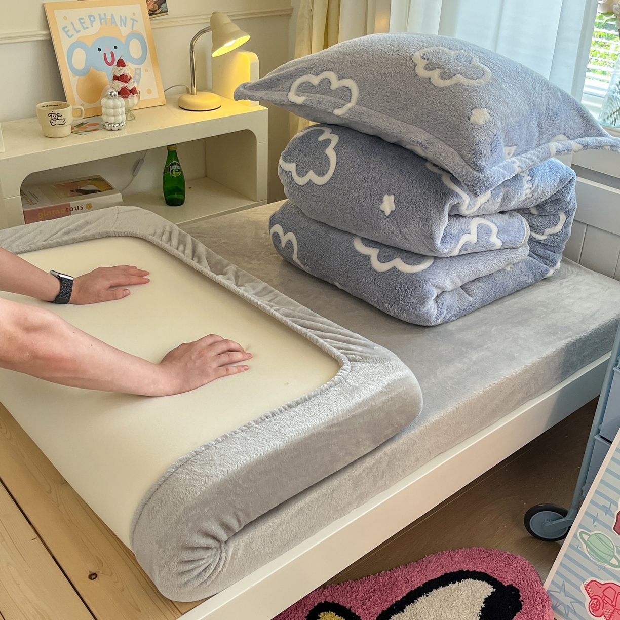 川悦生活 2025新款雪花绒宿舍床笠款三件套 奶味云朵