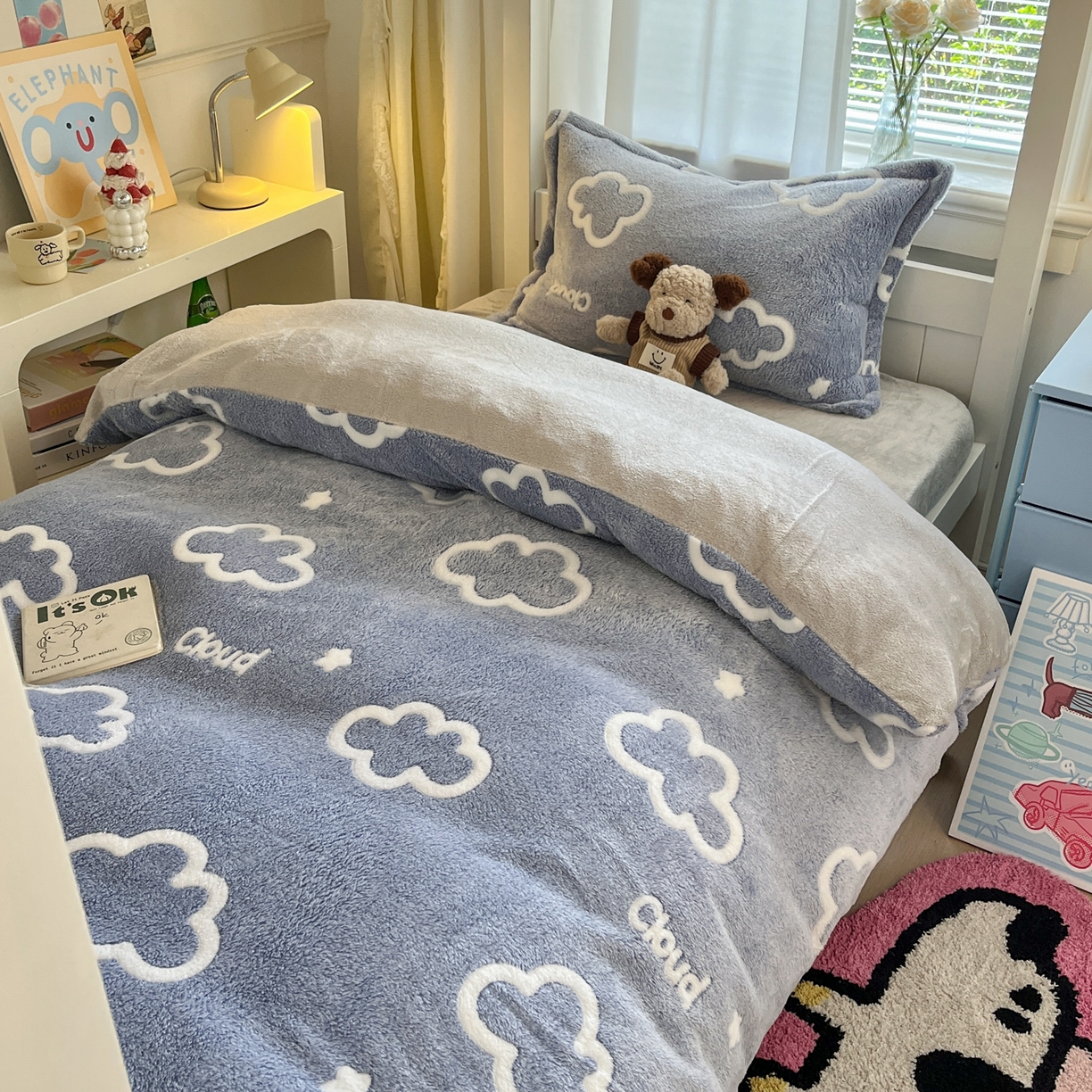 91家纺网 家纺一手货源 找家纺 川悦生活 2025新款雪花绒宿舍床笠款三件套 奶味云朵