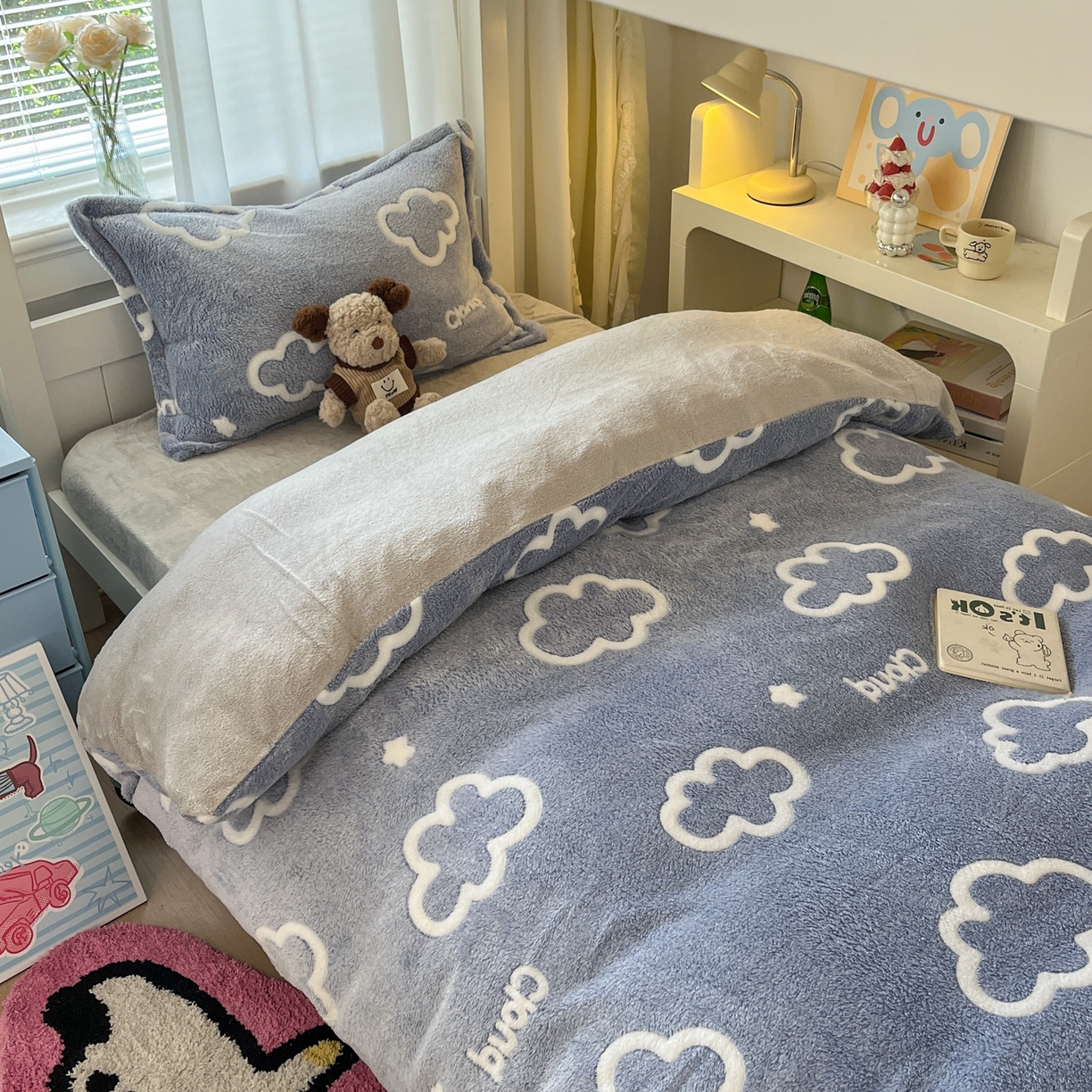 91家纺网 家纺一手货源 找家纺 川悦生活 2025新款雪花绒宿舍床笠款三件套 奶味云朵